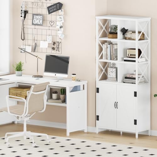 FATORRI Metal and Wood Bookcase with Doors, Tall Cubby Organizer Shelf (White Oak)