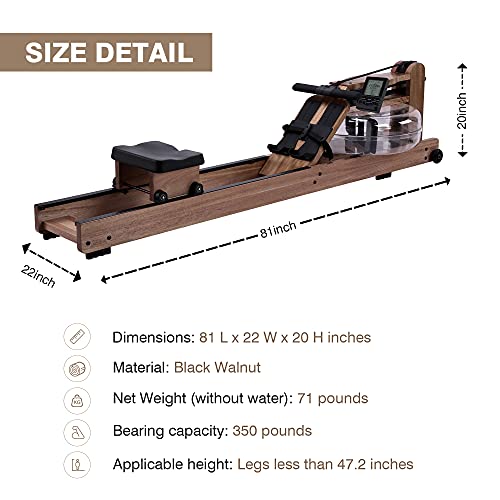Rowing Machine Black Walnut Wood Water Rower with Bluetooth Monitor for Home Gyms Indoor Training Use(Including an Automatic Pump)