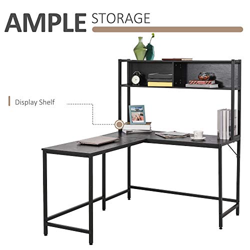 HOMCOM Home Office L-Shaped Computer Desk with Hutch and Storage Shelves, PC Table Study Writing Workstation with 2 Storage Compartments, Bookshelf, Black