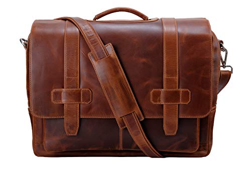 Mens Leather Messenger Bag, Briefcase, LOGAN, Leather Laptop bag fits 15.4 inch Laptop, Adjustable Strap, 16 inch by 12 inch by 4 inch (Tan) by Ladderback