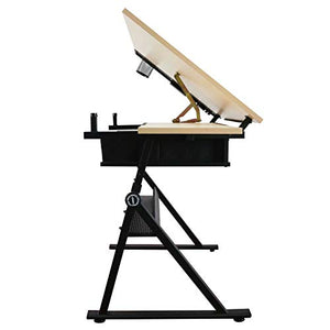 Drafting Desk Drawing Table Art Craft Work Station with Stool, Adjustable Height & Top Tilting Study Table Laptop Desk for Drawing, Reading, Writing