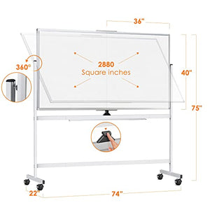 72 x 40 Double Sided Rolling Whiteboard, Mobile Whiteboard Magnetic White Board - Large Reversible Dry Erase Board Easel Standing Board on Wheels with Silver Aluminum Frame and Stand