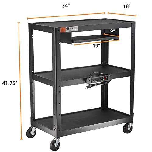 POCHAR Extra Large 3 Tier Rolling Cart with Power Strip - Heavy Duty Utility Cart - 14 Gauge 2mm Durable - Supports Up to 300 LBs - Black