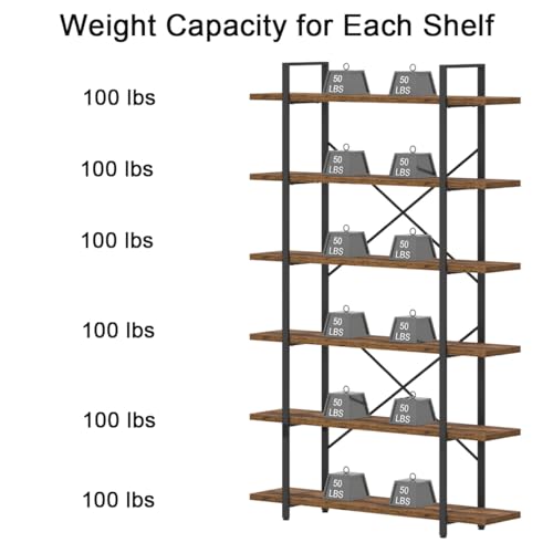 HSH Industrial Modern 6 Shelf Tall Bookcase, Open Wood & Metal Display Rack - Rustic Brown