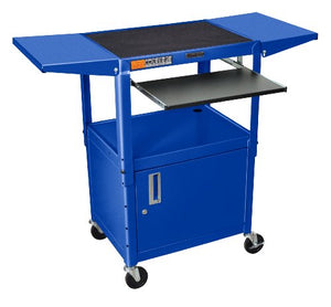 LUXOR AVJ42KBCDL-RB Metal A/V Cart with Pullout Keyboard Tray, Cabinet and 2 Drop Leaf Shelves, Adjustable Height, Blue