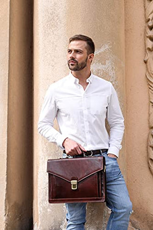 Leather Briefcase for Men Handmade Italian Laptop Bag Classy Brown Attache Case - Time Resistance