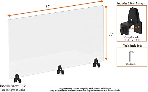 Stand Steady Clear Cubicle Wall Extender | Single 60 in x 30 in Panel | Clamp On Acrylic Shield & Sneeze Guard | Portable Desk Divider for Desk Walls & Cubicles | for Offices, Libraries & More