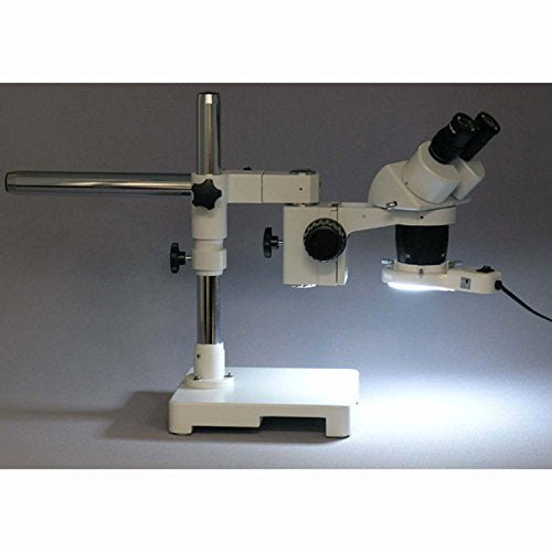 AmScope SW-3B13-FRL Binocular Stereo Microscope, WH10x Eyepieces, 10X and 30X Magnification, 1X/3X Objective, Single-Arm Boom Stand, 8W Fluorescent Ring Light, 110V-120V