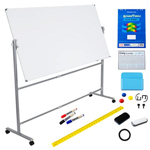 OCNBLU Mobile White Board 72"x36" - Magnetic Dry Erase Board with Lockable Wheels - Multipurpose Double-Sided Board for Home, Office, Classroom Use - Adjustable Height, Fixed Angle, 360-Degree Flip