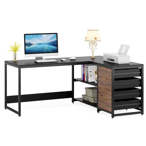 Tribesigns L-Shaped Computer Desk with Storage Drawers, Shelves - 59" Black