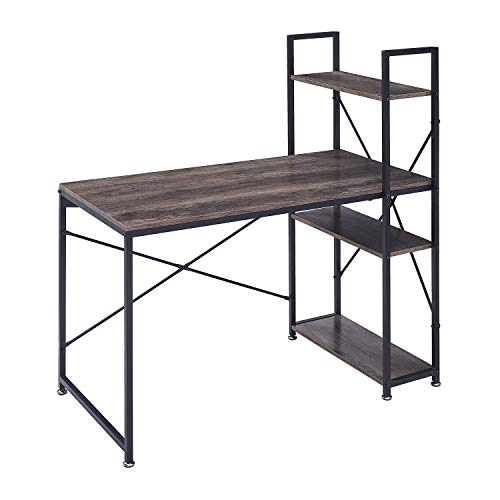 【US Stock】 Computer Desk with Storage Shelves, Home Office Desk PC Workstation, Reversible Study Writing Table with Adjustable Bookshelf, Modern Simple Style, Easy Assembly (Light Brown)