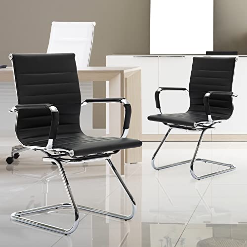 Wahson Office Guest Chairs, 4 Pack Set, Faux Leather, Sled Base, Black