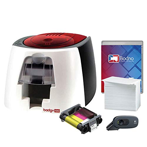 Badgy100 Color Plastic ID Card Printer with Complete Supplies Package with Photo ID Camera & Bodno ID Software - Silver Edition