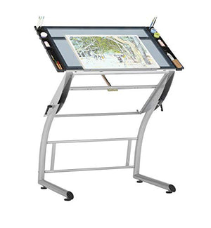 SD STUDIO DESIGNS Triflex Drawing Table, Sit to Stand Up Adjustable Office Home Computer Desk, 35.25" W X 23.5" D, Silver/Blue Glass