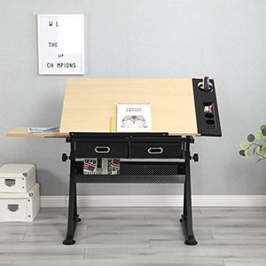 DSFHKUYB Art Desk/Table with Adjustable Height and 2 Drawers Tiltable Tabletop Drafting/Drawing Table Art/Craft Desk with Stool Home and Office Furniture