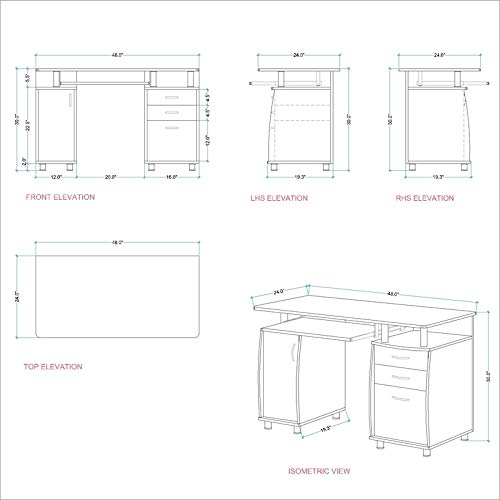 Pemberly Row 48" Wide Home Office Computer Desk in Gray with CPU Storage Cabinet and Hanging File Cabinet, Brown