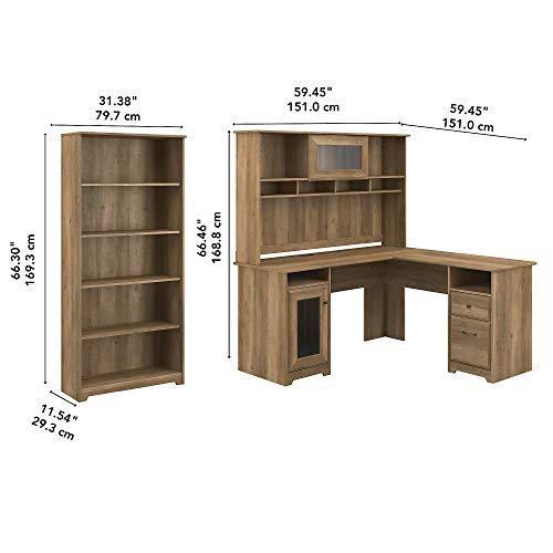 Bush Furniture Cabot L Shape with Hutch and 5 Shelf Bookcase, Reclaimed Pine