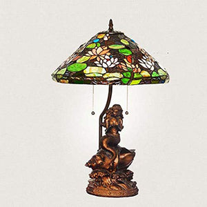 Yd&h Tiffany Style Desk Light, 17-inch Stained Glass Table Lamp with Water Lily Mermaid Base, Living Room Cafe Bedroom Bedside Light, E27, W60