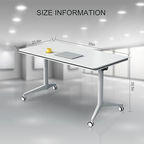 Ptosziav Modern White Office Folding Conference Table with Wheels 55"D x 23.6"W x 29.5"H - Set of 4