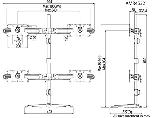 Amer Mounts AMR4S32: Large Quad Monitor Mount - Desk Stand - Displays up to 4/Four 32 inch Screens