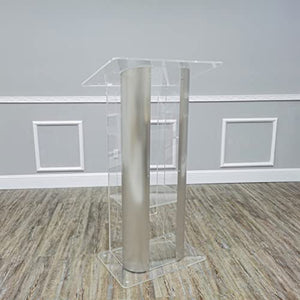FixtureDisplays Brushed Stainless Steel Sides Clear Acrylic Podium Curved Lectern 14307NEW