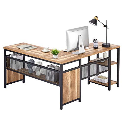 FATORRI L Shaped Computer Desk, Industrial Office Desk with Shelves, Rustic Wood and Metal Corner Desk for Home Office (Rustic Oak, 59 Inch)