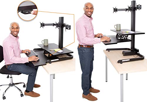 Stand Steady Techtonic | Electric 3 Arm Monitor Mount Standing Desk | Stand Up Desk Converter with Keyboard Tray Supports 3 Screens | Easy & Quiet Sit to Stand with the Push of a Button! (Black)