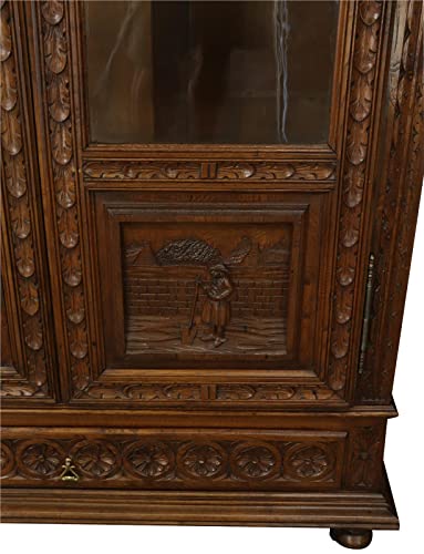 Generic Antique Brittany French Carved Bookcase Glass 2-Door 1890