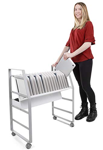 Line Leader 16 Unit Mobile Charging & Storage Cart | Open Charging Cart Holds Tablets, Laptops & Chromebooks | Includes 16-Outlet Power Strip with Surge Protection | Ideal for School & Library (White)