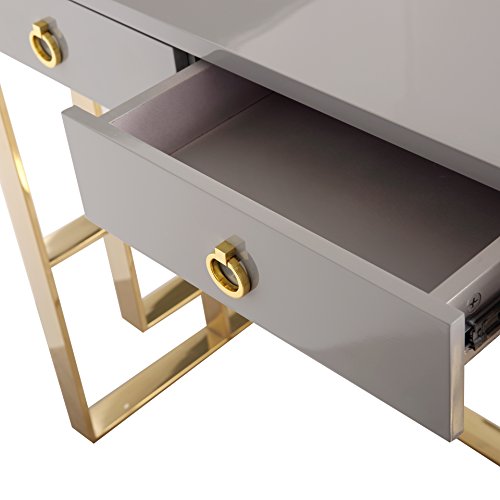 TOV Furniture The Audrey Collection Modern Computer Office Writing Desk with Lacquered Wooden Top, Gold Base & 3 Storage Drawers, Gray