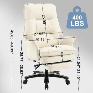 REFICCER Big and Tall Office Chair 400lbs with Foot Rest, Leather High Back Executive Desk Chair for Heavy People - Beige