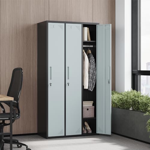 STANI Metal Lockers with Shelves and Lock, 71" Tall Steel Storage Cabinet (Black Grey, 3 Doors)