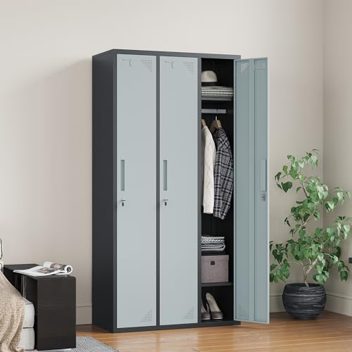 STANI Metal Lockers with Shelves and Lock, 71" Tall Steel Storage Cabinet (Black Grey, 3 Doors)