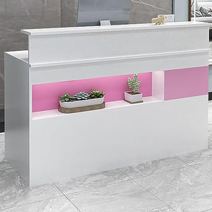 QUDEX Reception Desk Front Counter Desk with Lights - Salon/Office Checkout Table with Storage (Pink-B) 80*50*100cm