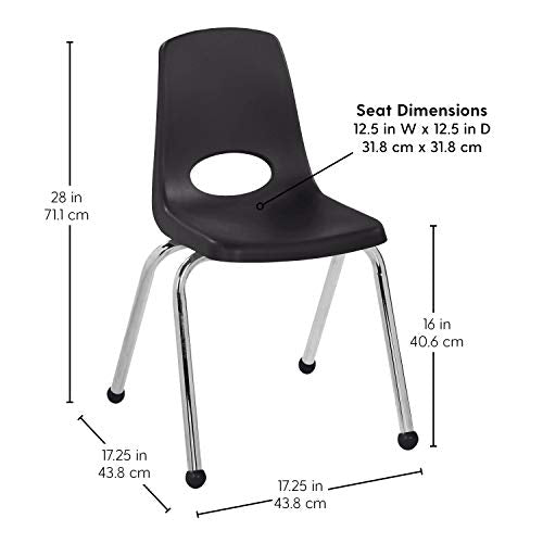 FDP 16" School Stack Chair, Stacking Student Seat with Chromed Steel Legs and Ball Glides; for in-Home Learning or Classroom - Black (6-Pack), 10367-BK