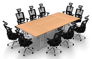 TeamWORK Tables 10 Person Conference Meeting Seminar Tables & Chairs Set - Model 5243, 14-Piece BIFMA Commercial Adjustable Manager Chairs - Black Chairs/Beech Tables