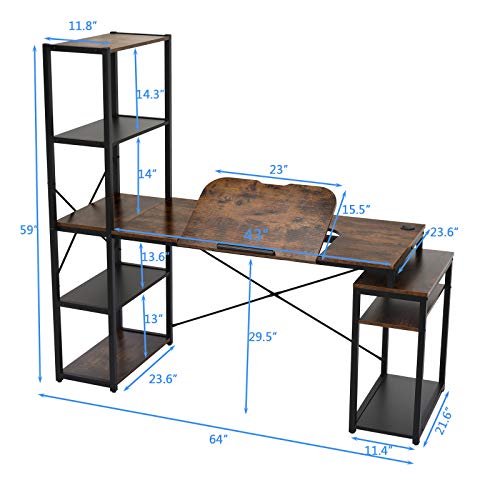 Computer Desk with 5-Tier Shelves, 3 in 1 Bookshelf, Computer Desk, and Main Frame, 47.2" Drafting Drawing Table with 60° Tiltable Tabletop, PC Laptop Table Study Workstation for Home Office (Brown)