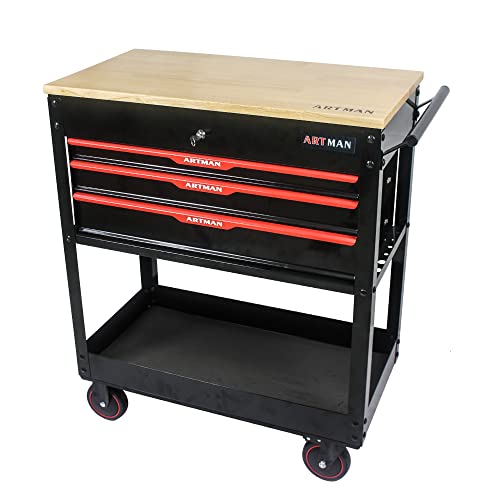 Generic 3 Drawers Multifunctional Tool Cart with Wheels and Wooden Top