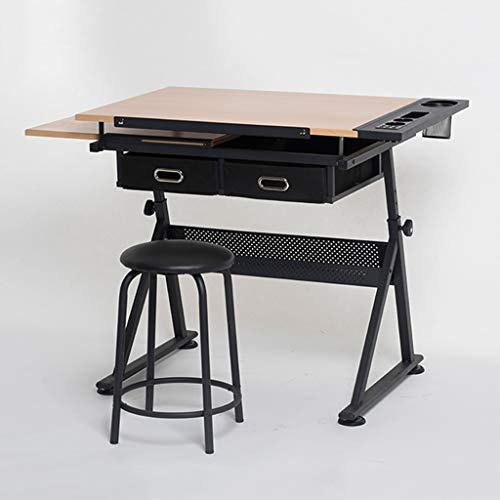 Lgan Height Adjustable Drawing Desk, Tiltable Craft Table with Storage, Maple Panel Art Desk, for Home Office Drafting Table