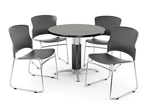 OFM Core Collection Breakroom Set, 42" Round Metal Mesh Base Multi-Purpose Table in Gray Nebula, 4 Multi-use Plastic Stack Chairs in Gray (PKG-BRK-029-0005)