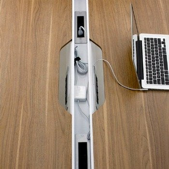 Steelcase Turnstone Bivi Table for One: 2 Plug-and-Play Power Kits - Virginia Walnut Top/Midnight Metallic Frame