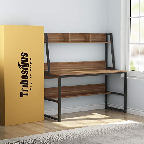 Tribesigns Computer Desk with Hutch, 47 Inches Home Office Desk with Space Saving Design with Bookshelf for Small Spaces (Dark Walnut)