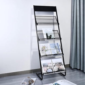 ESASAM Magazine Display Rack (Black), 4 Compartment Metal Literature Rack