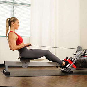 Sunny Health & Fitness Water Rowing Machine Rower w/ LCD Monitor, 265 Max Weight, Adjustable Footpads and Foldable 48" Aluminum Slide Rail - SF-RW5866, Gray