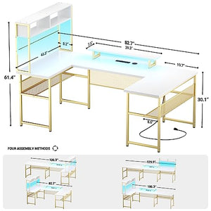 Unikito Modern L-Shaped Desk with Hutch, RGB LED Lights, Smart Control, Monitor Stand, Power Outlets, USB Ports