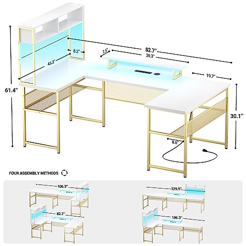 Unikito Modern L-Shaped Desk with Hutch, RGB LED Lights, Smart Control, Monitor Stand, Power Outlets, USB Ports