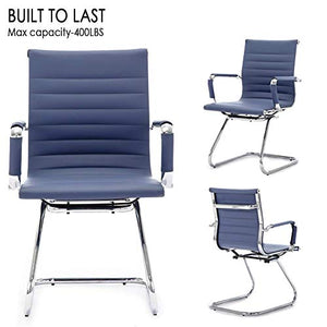 DM Furniture Navy Blue PU Leather Office Desk Chair Set of 8 - Mid Back Guest Chairs with Sled Base