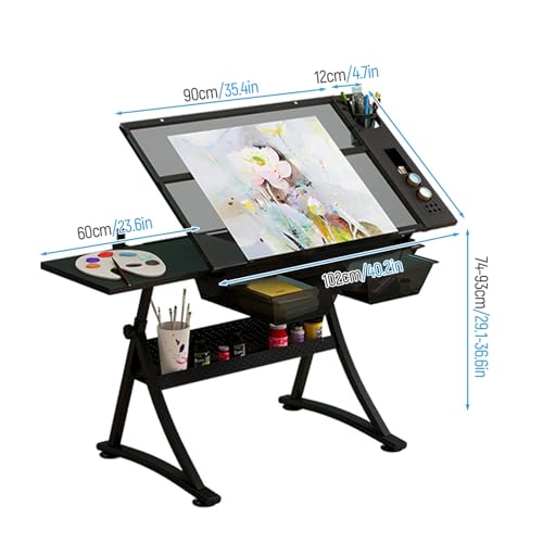 TemkIN Drafting Table for Artists with Adjustable Angle & Height, Side Shelf, 2 Storage Drawers - Ideal for Reading, Writing, Crafting