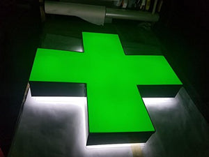 Green Medical Cross, Hybrid LED Lit with Halo Lighting, Outdoor/Indoor - Weather Resistant, Storefront Sign. Installation Template and Power Supply Included. (24 Inches)