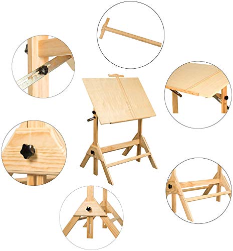 VBARV Solid Wood Drafting Table, Craft Table with Adjustable Height and Tiltable Tabletop for Artwork, Graphic Design, Reading, Writing,Suitable for Designer Painting Workbench